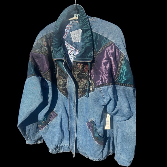 VTG Luxe Brocade Patchwork Denim Jacket BITCS Soft Cotton Lined Paisley Size LG